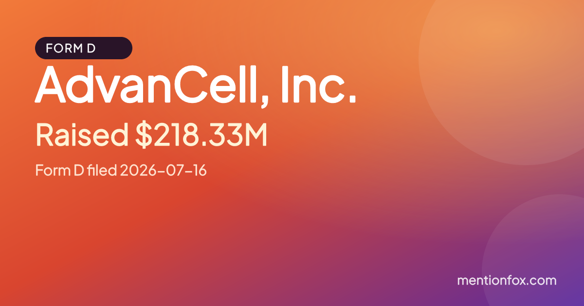 AdvanCell, Inc.: Raised $218.33M, Form D filed 2026-07-16