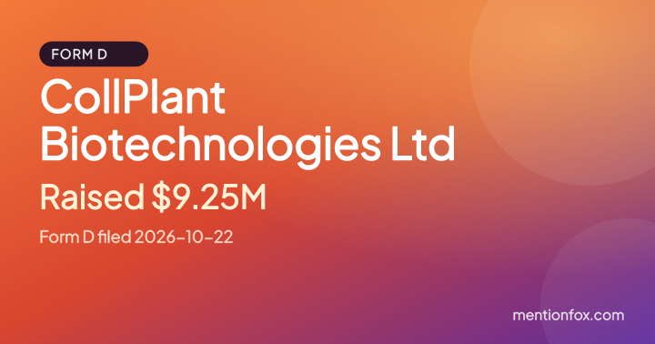 CollPlant Biotechnologies Ltd: Raised $9.25M, Form D filed 2026-10-22