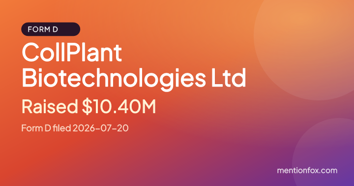 CollPlant Biotechnologies Ltd: Raised $10.40M, Form D filed 2026-07-20