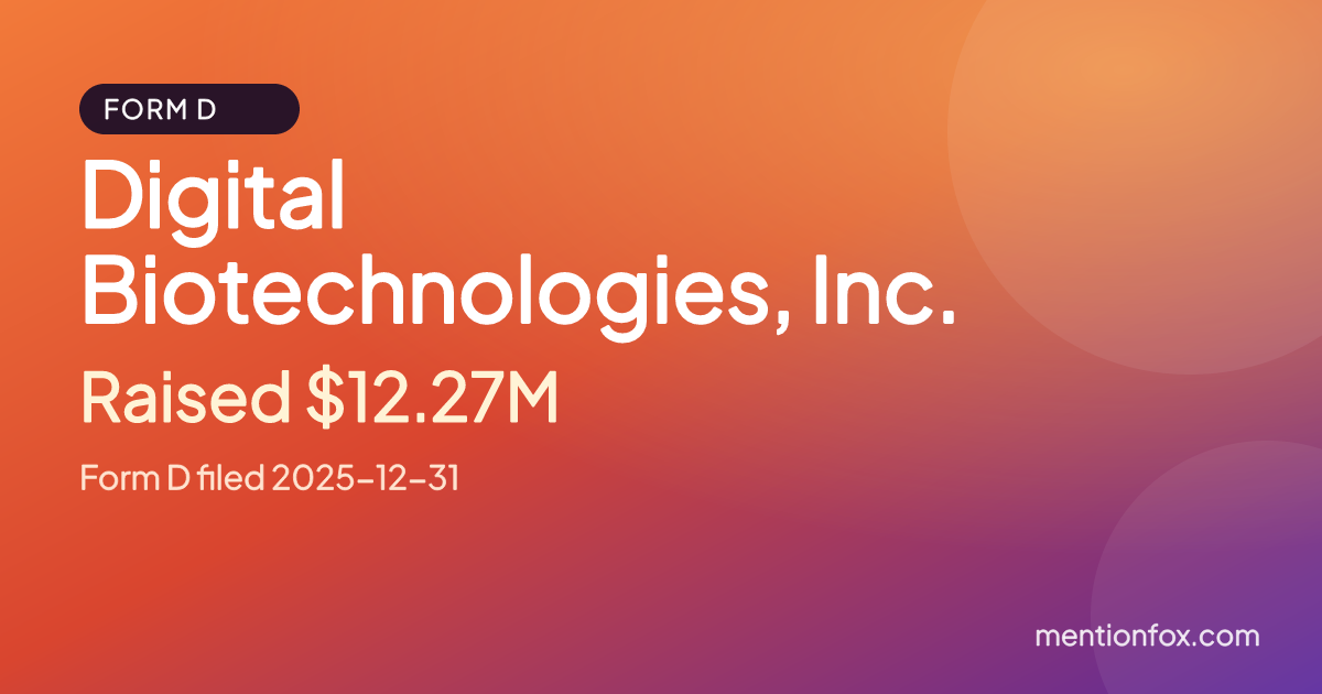 Digital Biotechnologies, Inc.: Raised $12.27M, Form D filed 2025-12-31