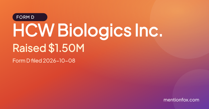HCW Biologics Inc.: Raised $1.50M, Form D filed 2026-10-08