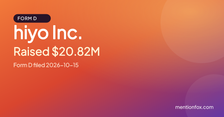 hiyo Inc.: Raised $20.82M, Form D filed 2026-10-15