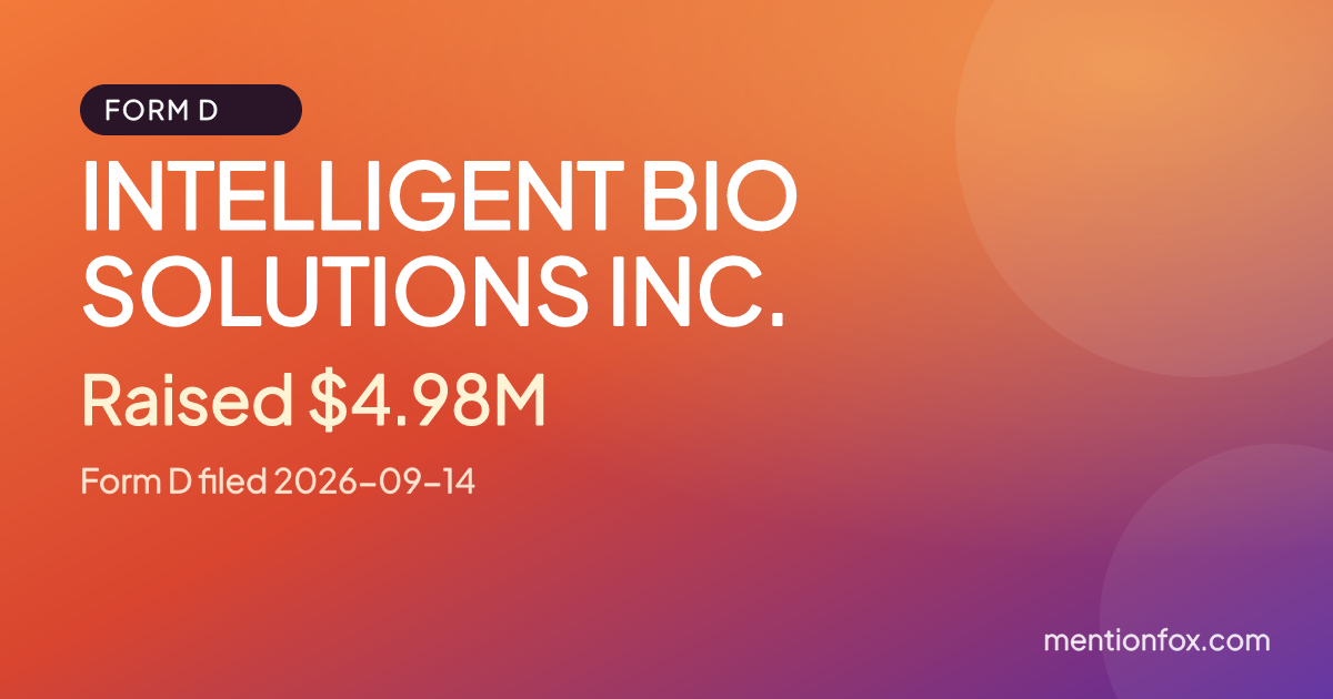 INTELLIGENT BIO SOLUTIONS INC.: Raised $4.98M, Form D filed 2026-09-14