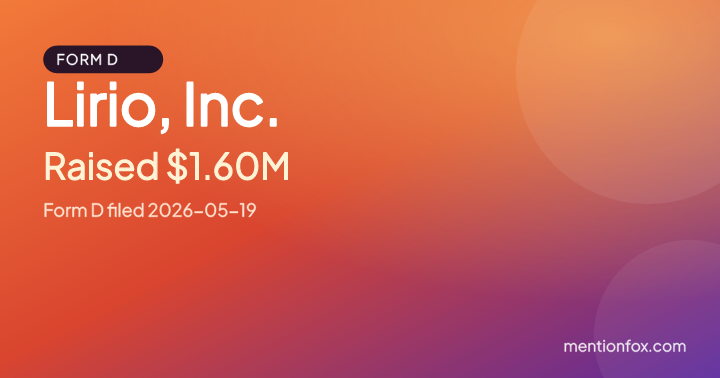 Lirio, Inc.: Raised $1.60M, Form D filed 2026-05-19