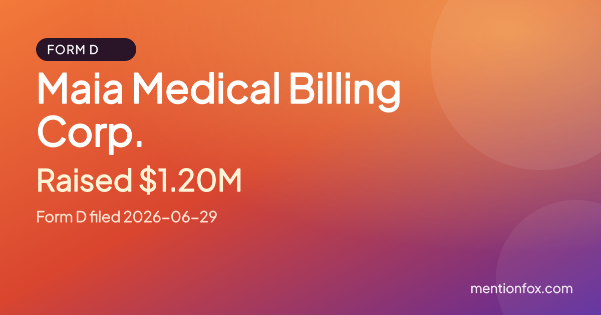 Maia Medical Billing Corp.: Raised $1.20M, Form D filed 2026-06-29