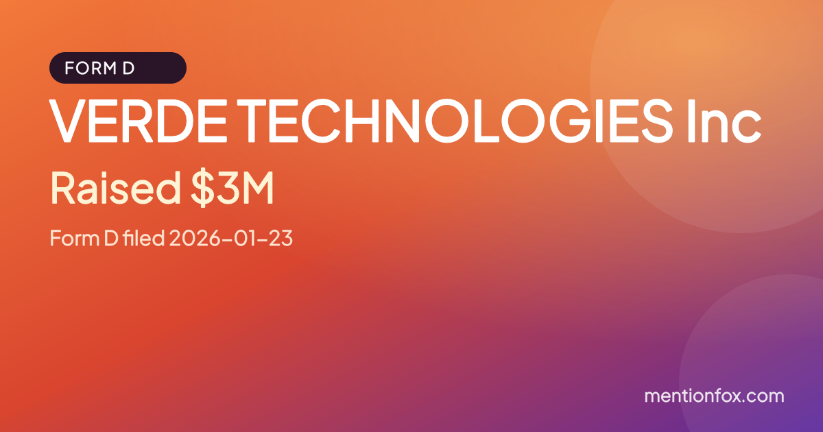 VERDE TECHNOLOGIES Inc: Raised $3M, Form D filed 2026-01-23
