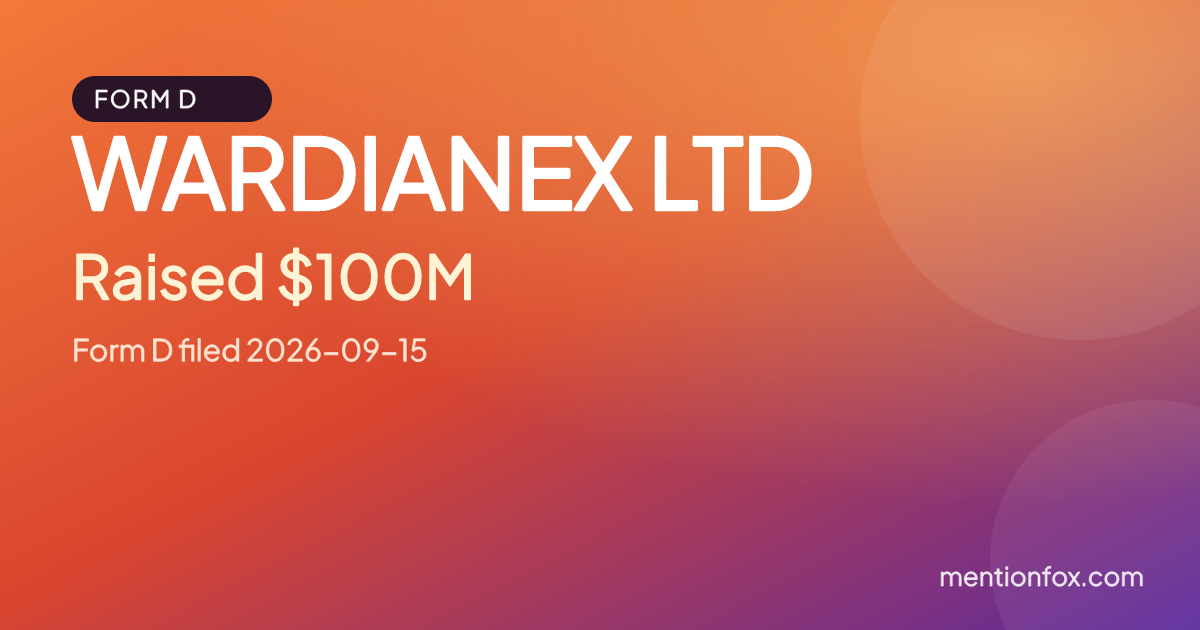 WARDIANEX LTD: Raised $100M, Form D filed 2026-09-15